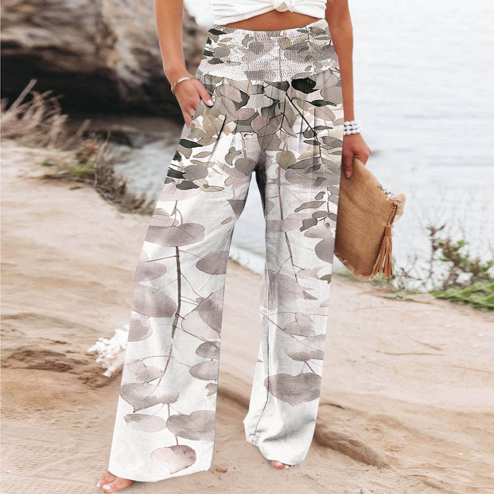 BSDJILFG Palazzo Pants for Women Summer Fall Stretch Elastic Waist Trouser Floral Print Straight Leg Full-Length Pants Clearance,S-2XL